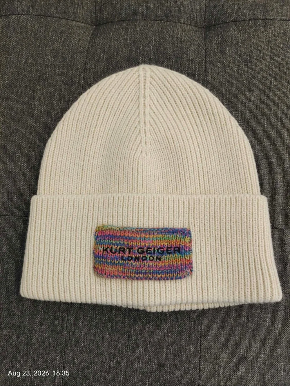 NWOT Kurt Geiger Kids Cream Beanie with Rainbow Logo Patch